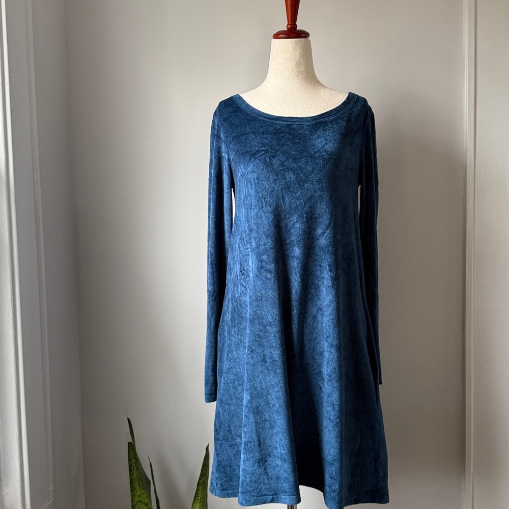Peruvian Connection Blue Long Sleeve Swing Dress with pockets Cotton Terry Small